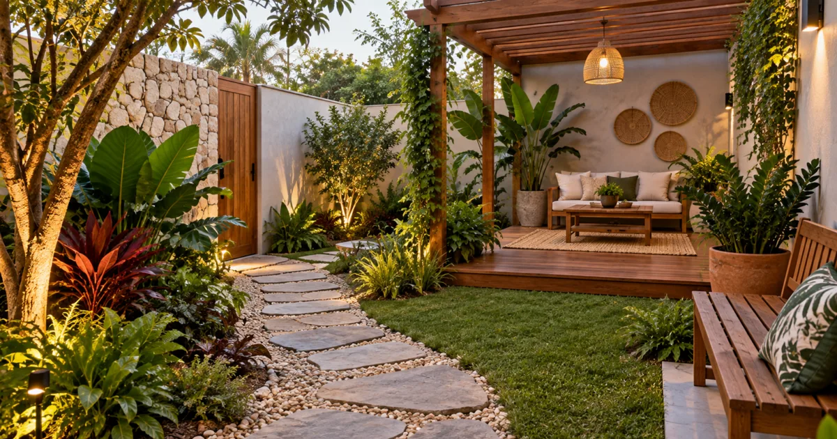 Jardins passam a combinar plantas com pedra, madeira e áreas de convivência