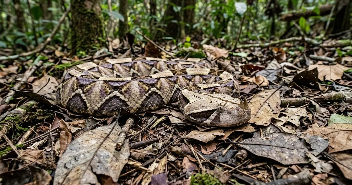 Víbora-do-gabão usa camuflagem e presas de cerca de cinco centímetros