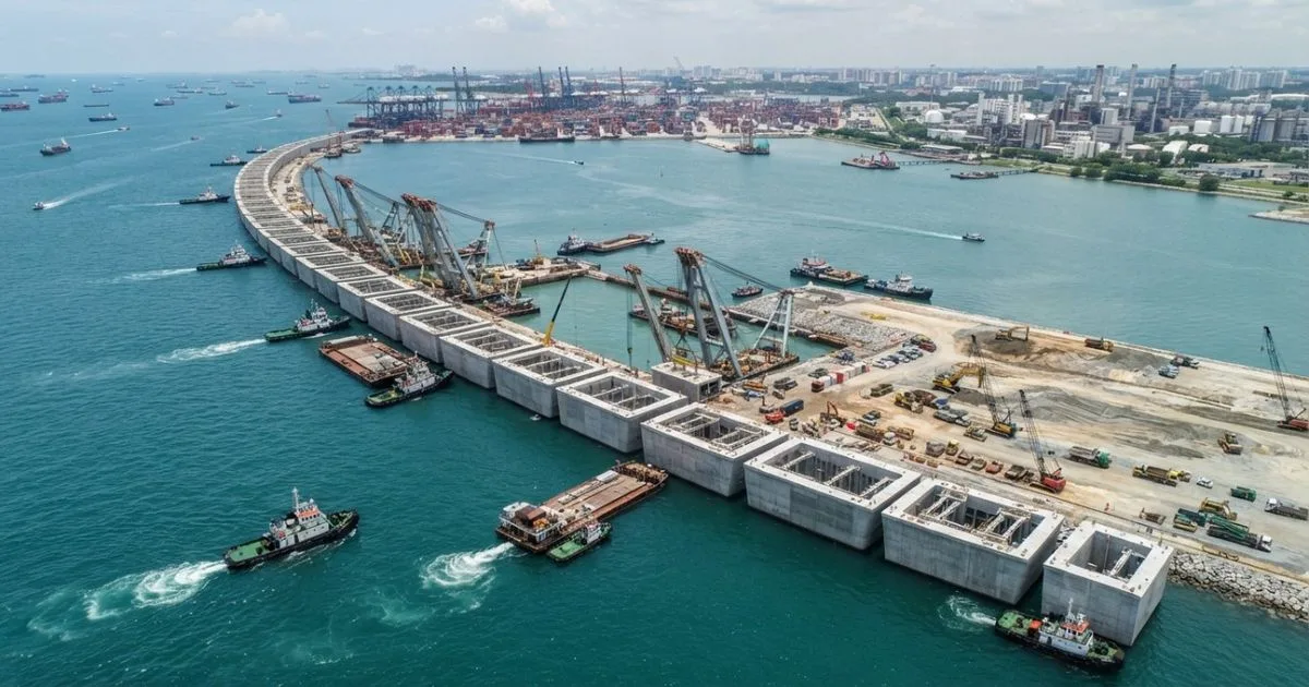 Porto de Tuas usa 227 caixões de concreto para avançar sobre o mar em Singapura