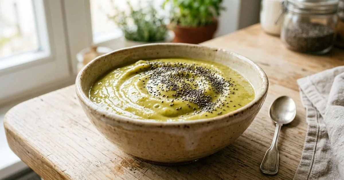 Vitamina de manga congelada leva couve, proteína vegetal e chia