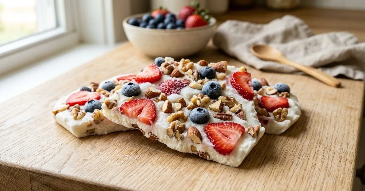 Frozen yogurt bark combina iogurte, frutas e castanhas em sobremesa gelada