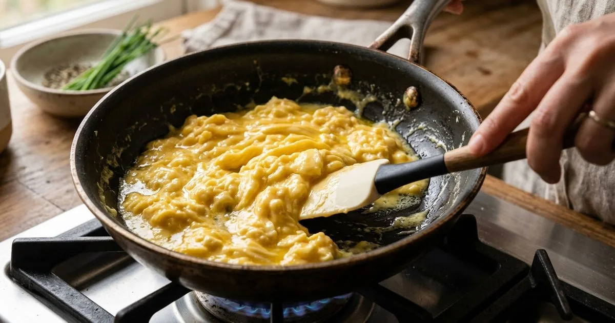 Fogo baixo é o principal para preparar ovo mexido cremoso
