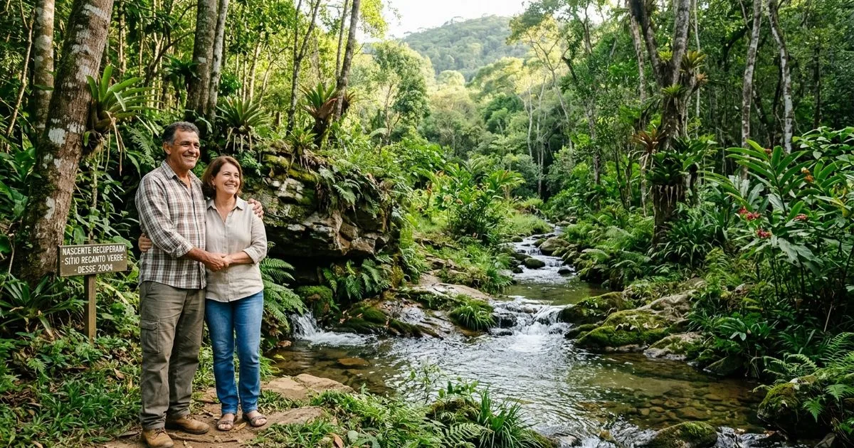 Casal recupera nascente e mantém fluxo de água durante todo o ano
