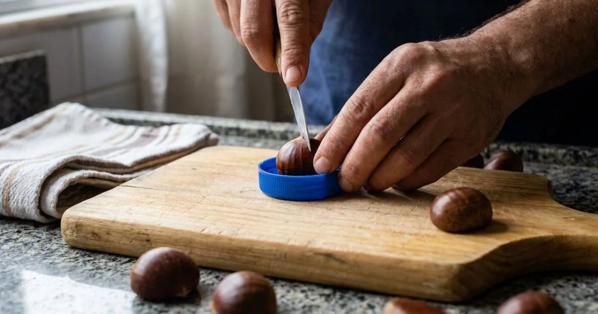 Tampa de garrafa ajuda a firmar castanha durante o corte da casca