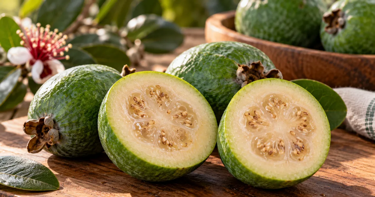 Feijoa revela polpa, sementes e aroma próprios quando é cortada