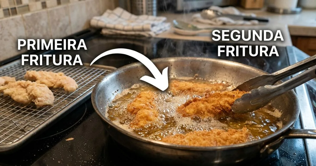 Segunda fritura deixa empanado mais crocante sem ressecar o frango