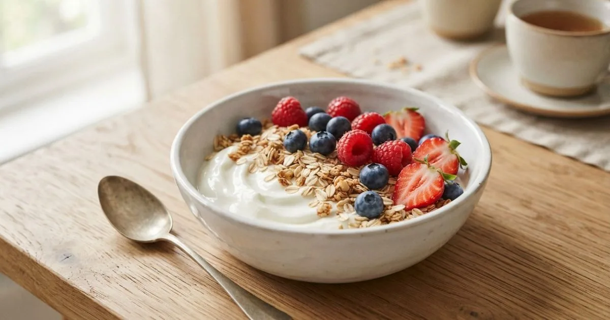 Tigela com iogurte, aveia e frutas vermelhas reúne proteínas e fibras