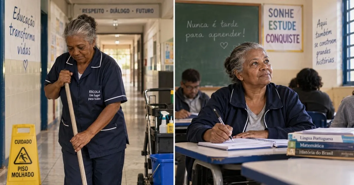 Aos 68 anos, Lúcia retorna à escola onde trabalhou e retoma os estudos