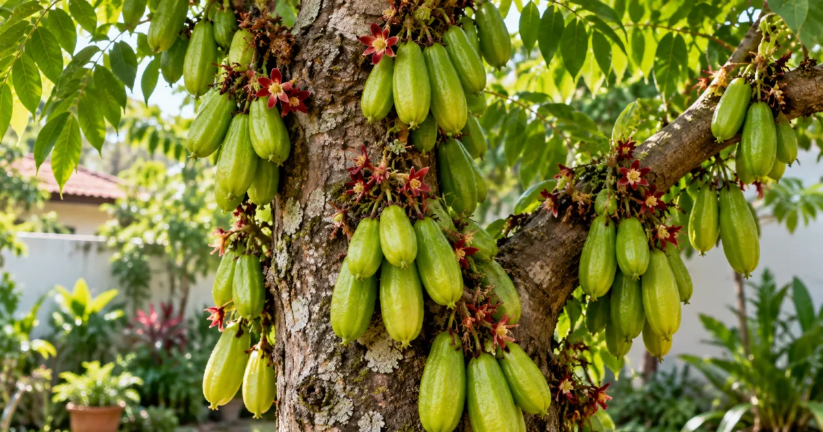 Bilimbi exige calor e umidade para produzir frutos no tronco