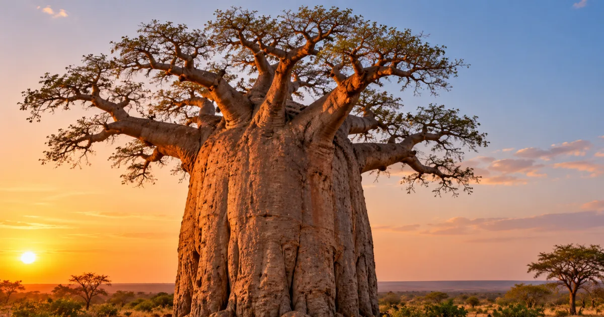 Baobá africano armazena água no tronco e vive em áreas secas