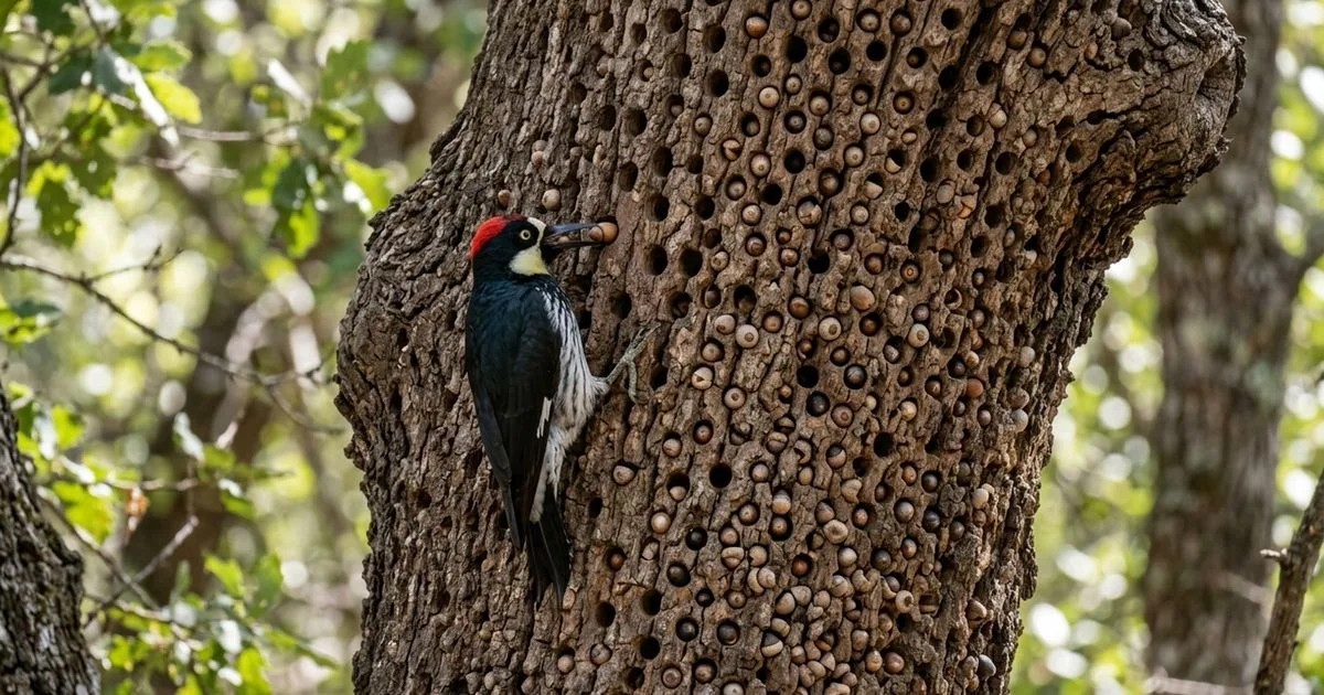 Pica-pau-das-bolotas cria celeiros com até 50 mil cavidades