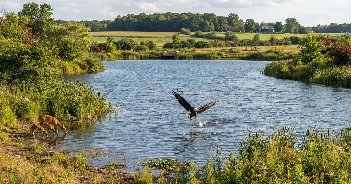 Lago artificial para peixes atrai águias, cervos e corujas em antiga área agrícola