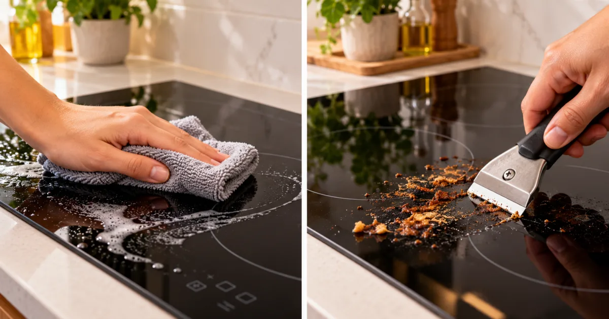 Raspador e produto certo ajudam a preservar o vidro do cooktop