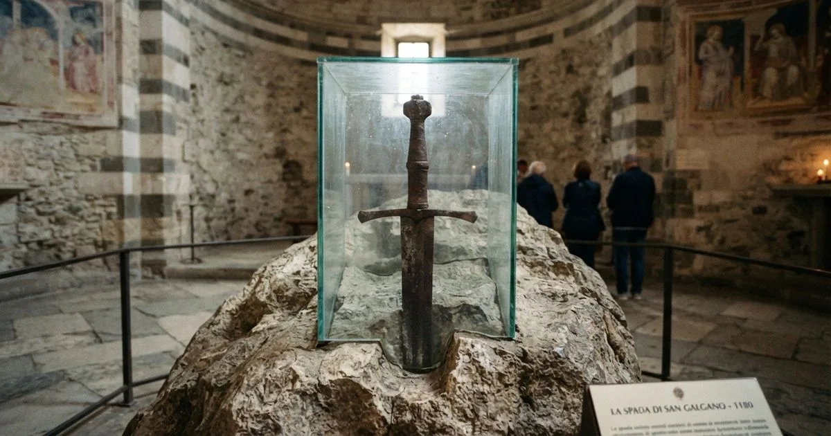 Espada medieval cravada em pedra é preservada na capela de Montesiepi, na Itália