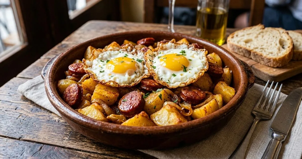 Alho e gordura do chouriço reforçam sabor de ovos com batatas