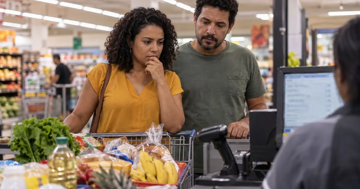 Casal revisa compras no caixa após total superar o orçamento