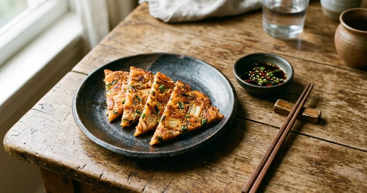Amido de batata deixa o kimchi jeon mais fino e crocante