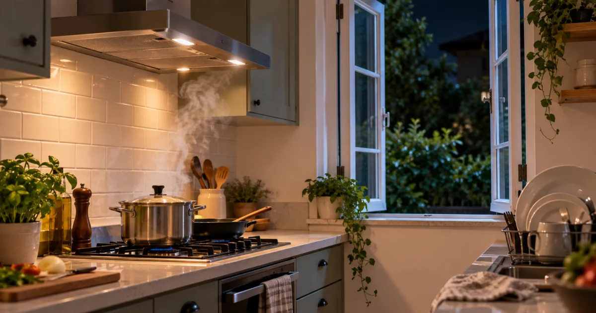 Ventilar a cozinha após o jantar reduz vapor e umidade