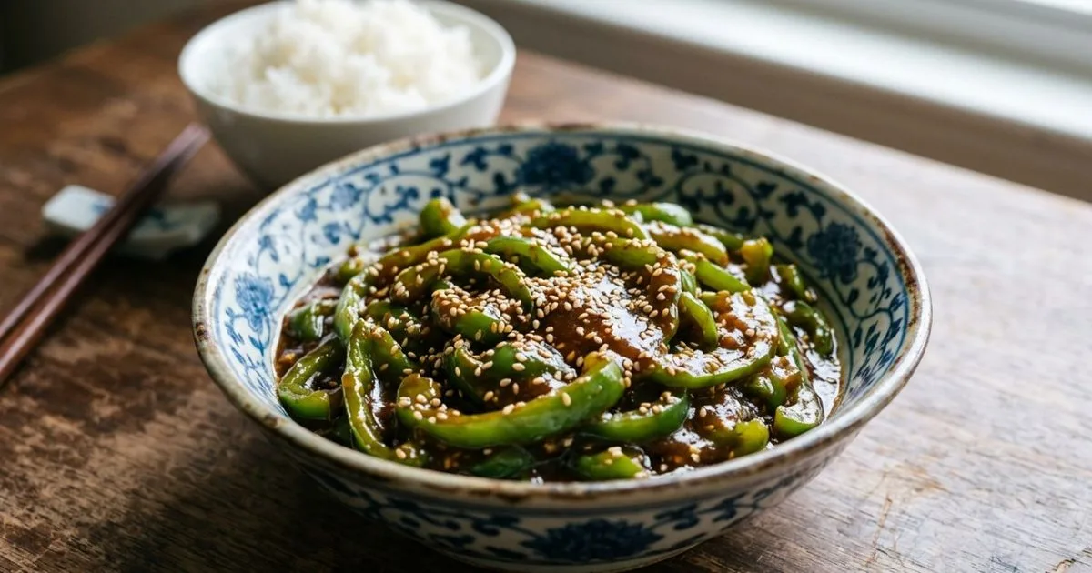 Pimentas verdes com doenjang ficam prontas em três minutos