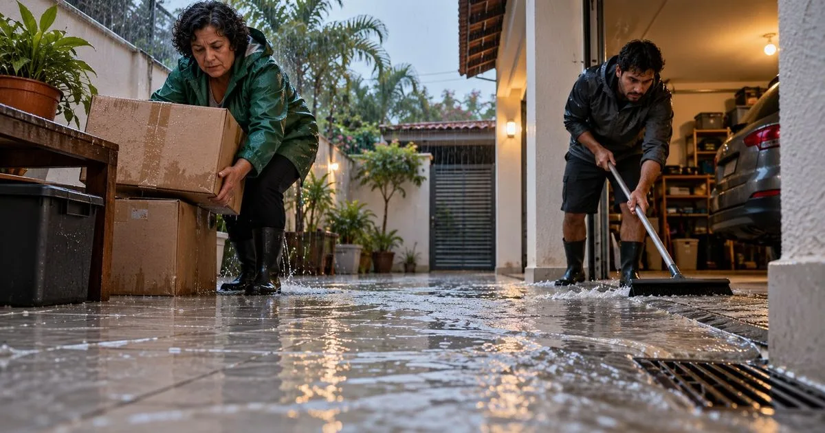 Calha e caimento ajudam a explicar água na garagem após reforma do quintal