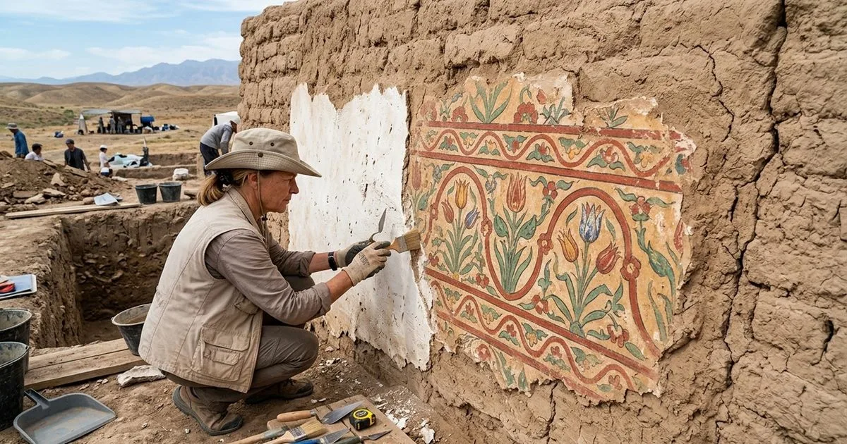 Flores de até 1.500 anos são reveladas sob cal em parede no Uzbequistão
