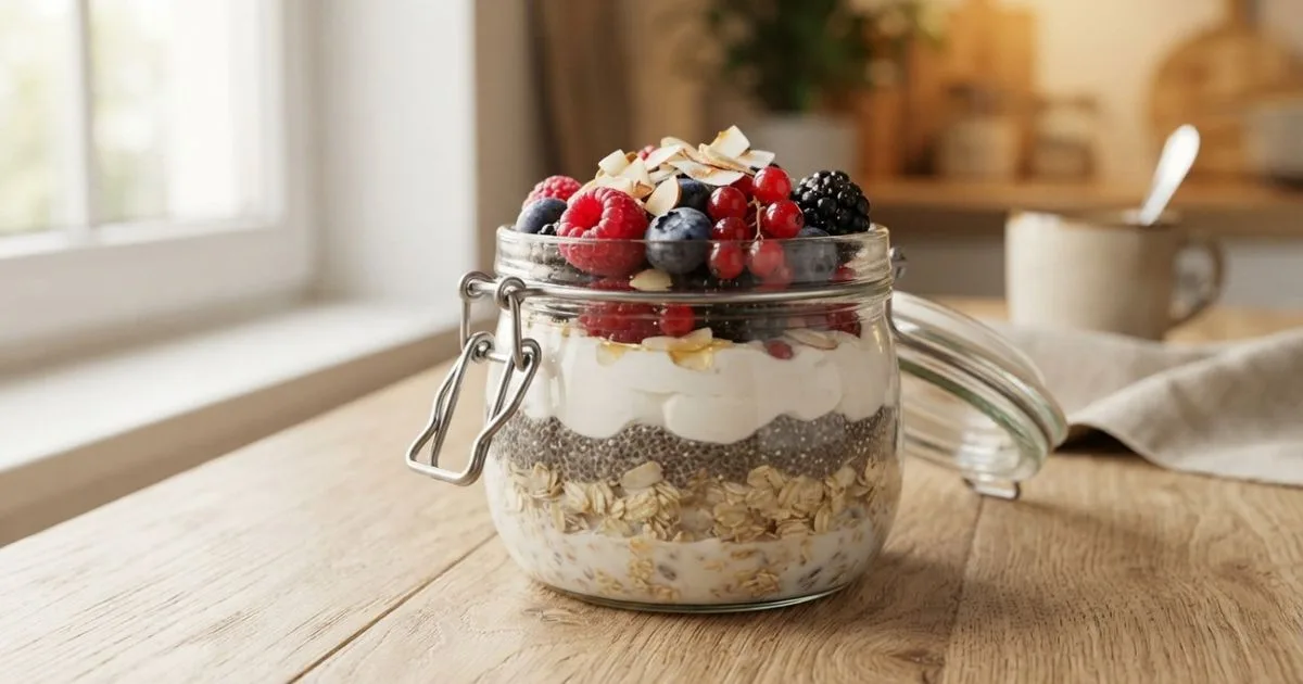 Aveia adormecida com iogurte e chia fica pronta na geladeira
